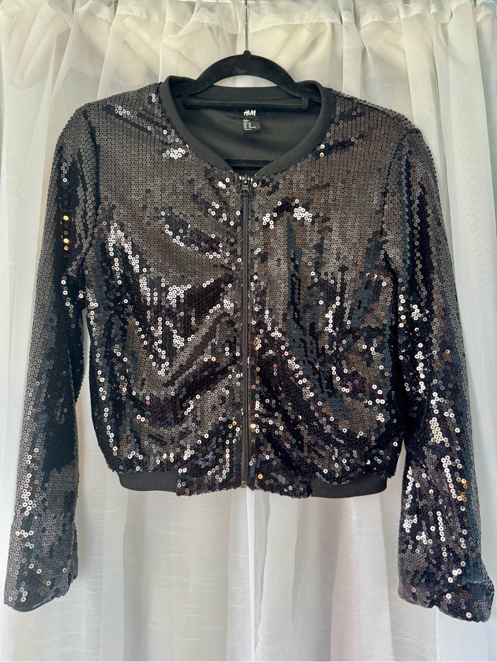 H&M Black Sequin Bomber Jacket - Shiny Zip Front